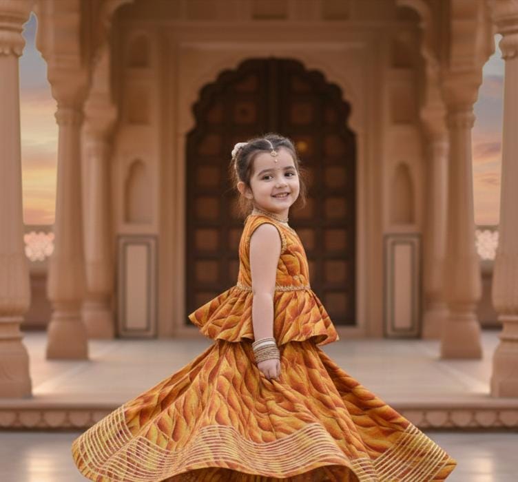 peplum-style Traditional Mustard & Orange Gold Party Wear Lehenga Set