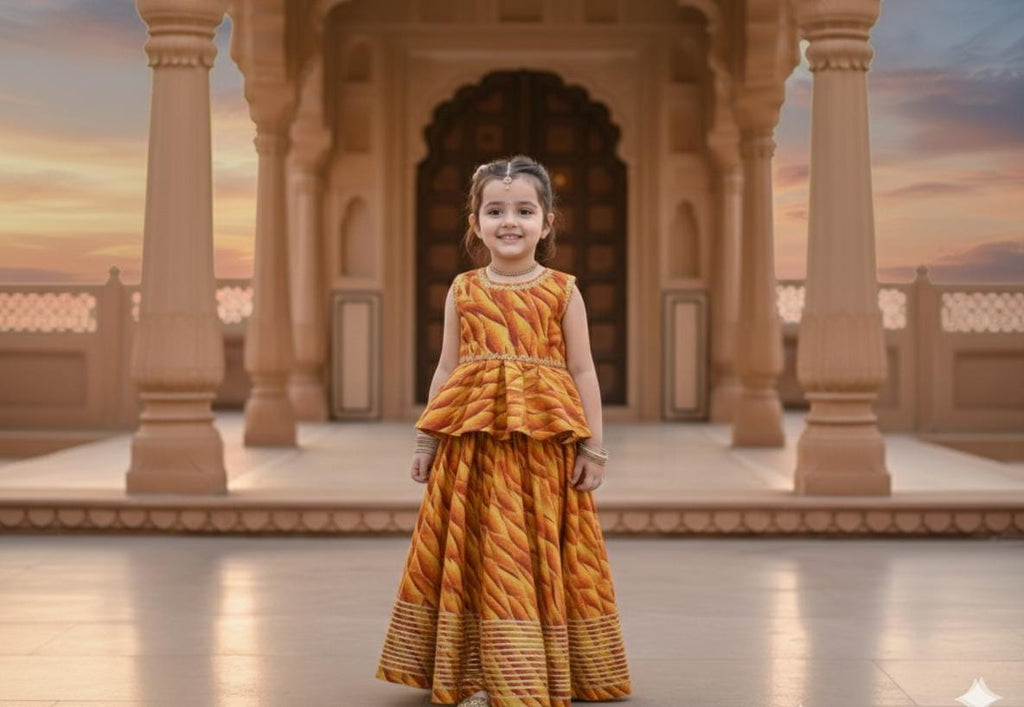 peplum-style Traditional Mustard & Orange Gold Party Wear Lehenga Set