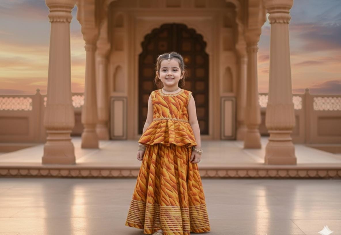 peplum-style Traditional Mustard & Orange Gold Party Wear Lehenga Set