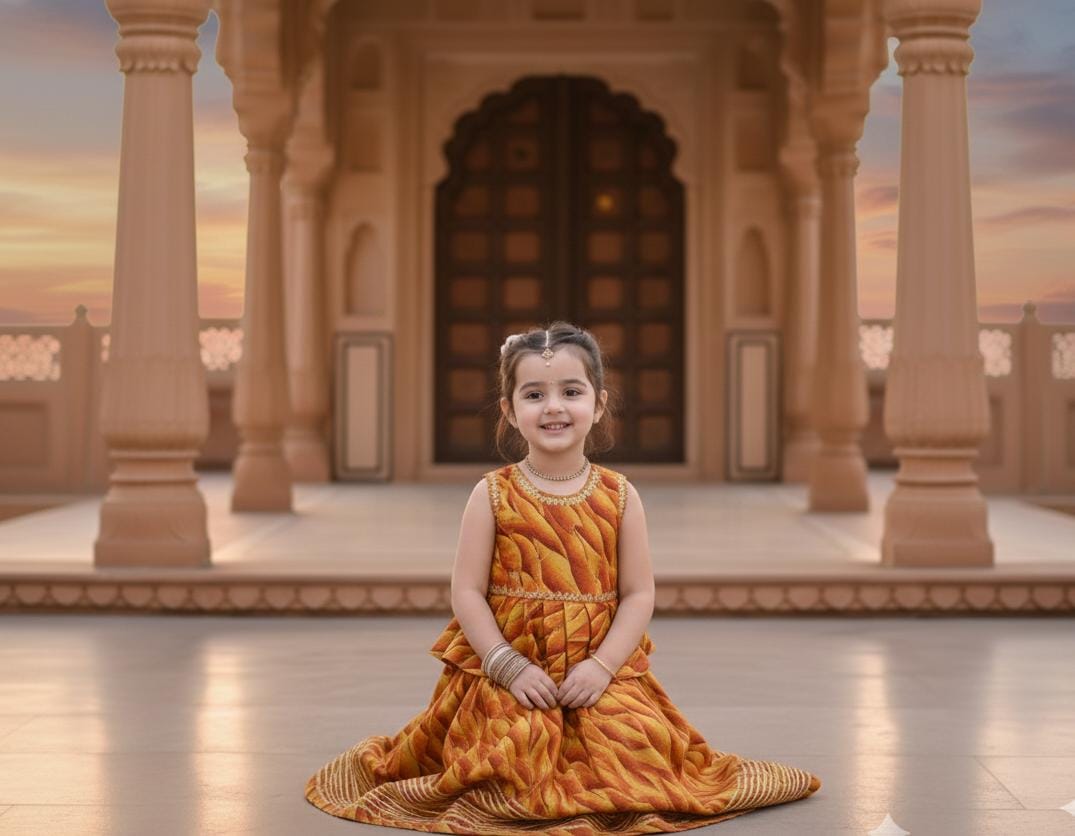 peplum-style Traditional Mustard & Orange Gold Party Wear Lehenga Set