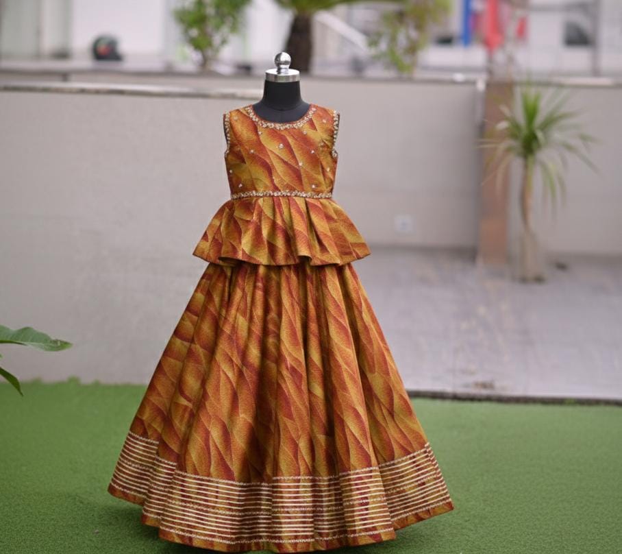 peplum-style Traditional Mustard & Orange Gold Party Wear Lehenga Set