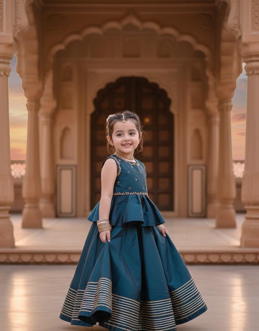 Teal Blue Peplum Lehenga Choli with Gold Zari Border for Girls