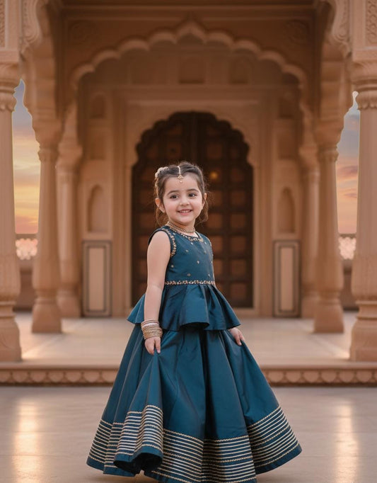 Teal Blue Peplum Lehenga Choli with Gold Zari Border for Girls