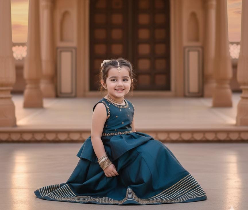 Teal Blue Peplum Lehenga Choli with Gold Zari Border for Girls