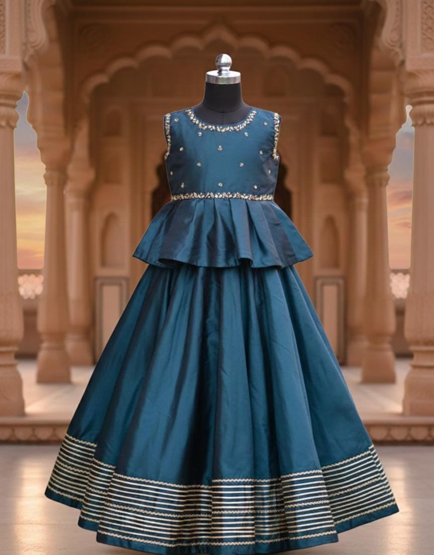 Teal Blue Peplum Lehenga Choli with Gold Zari Border for Girls
