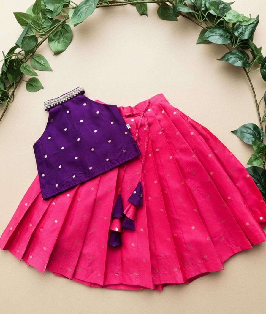 The Garden Bloom Set: Purple Halter Neck Choli with Rani Pink Pleated Lehenga Set