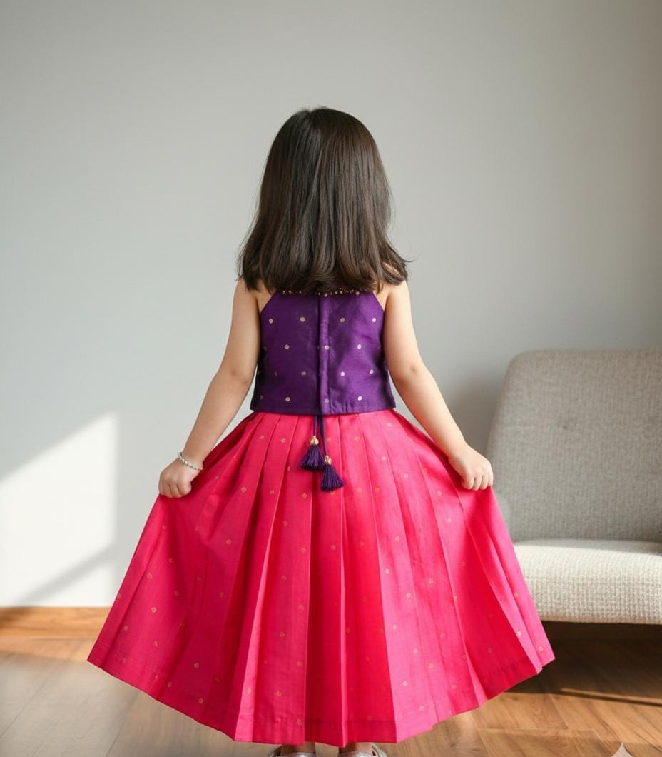 The Garden Bloom Set: Purple Halter Neck Choli with Rani Pink Pleated Lehenga Set