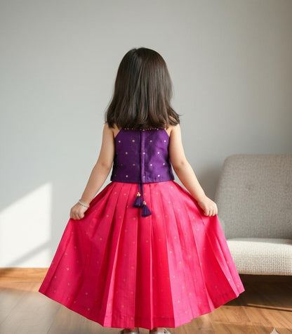 The Garden Bloom Set: Purple Halter Neck Choli with Rani Pink Pleated Lehenga Set