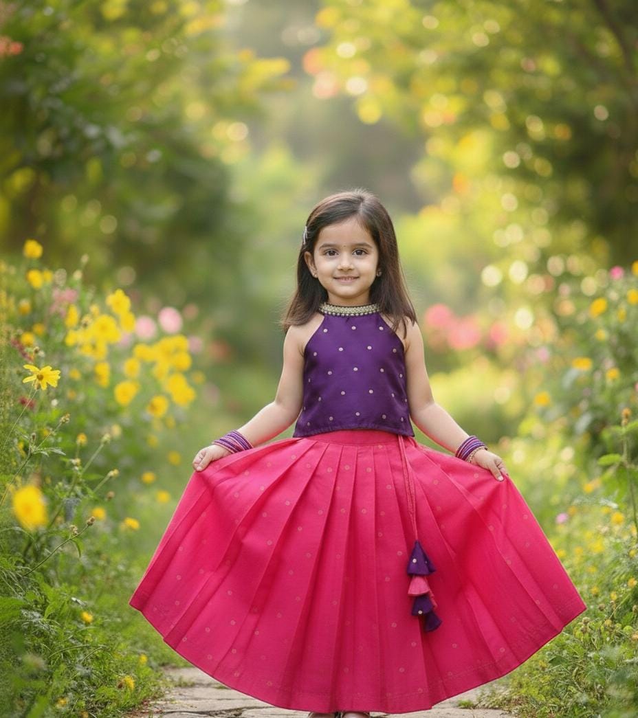 The Garden Bloom Set: Purple Halter Neck Choli with Rani Pink Pleated Lehenga Set