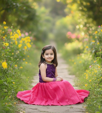 The Garden Bloom Set: Purple Halter Neck Choli with Rani Pink Pleated Lehenga Set