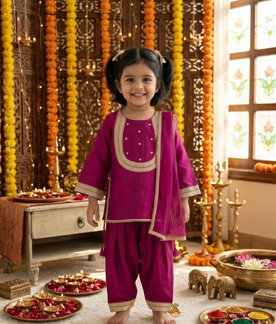 Royal Magenta & Gold Traditional Kurta Patiala Set for Girls