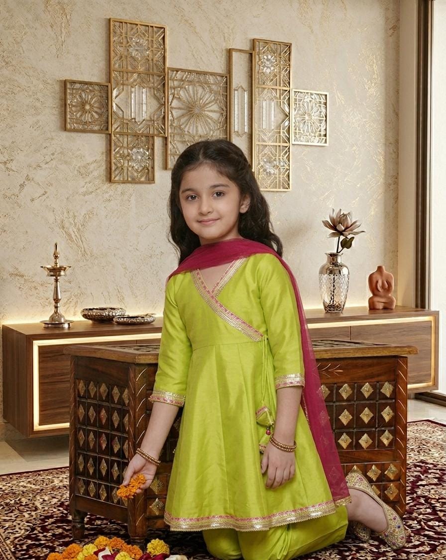 Girls Lime Green Ethnic Kurti Set with Pink Dupatta