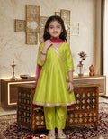 Girls Lime Green Ethnic Kurti Set with Pink Dupatta