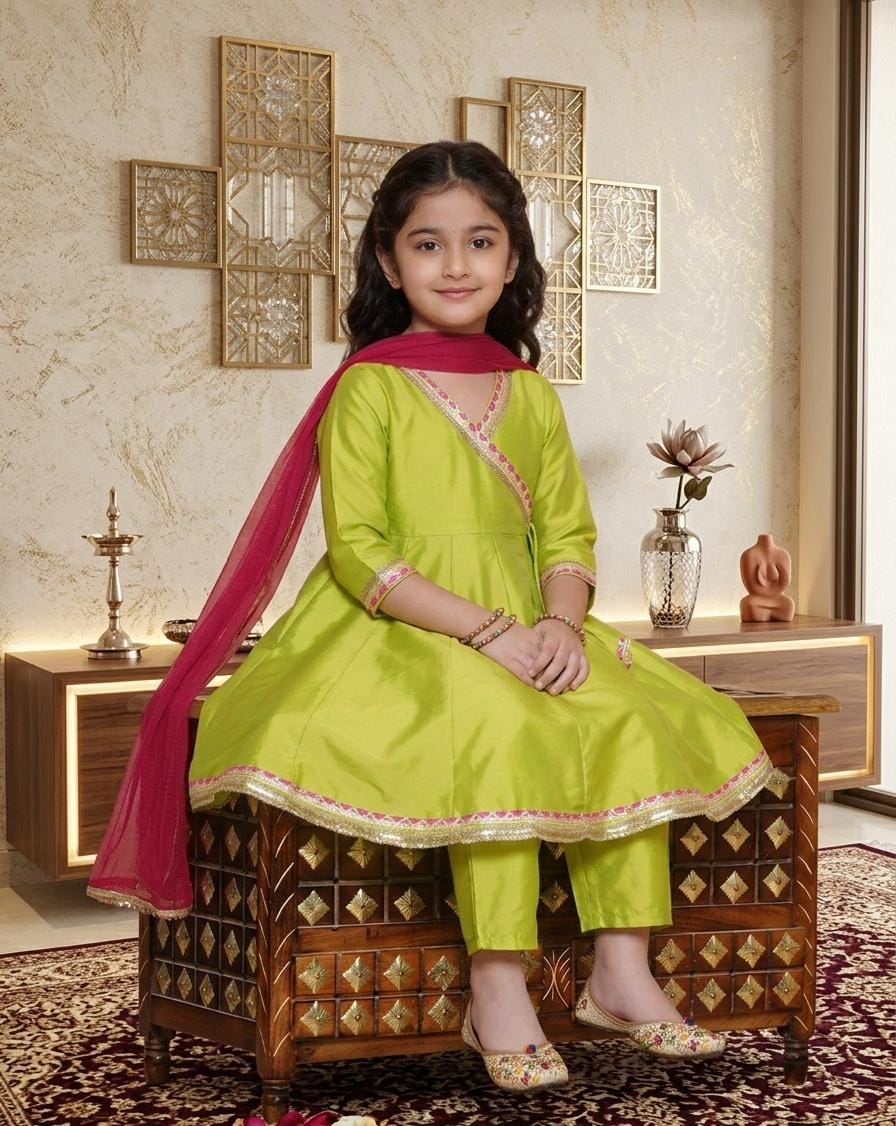 Girls Lime Green Ethnic Kurti Set with Pink Dupatta