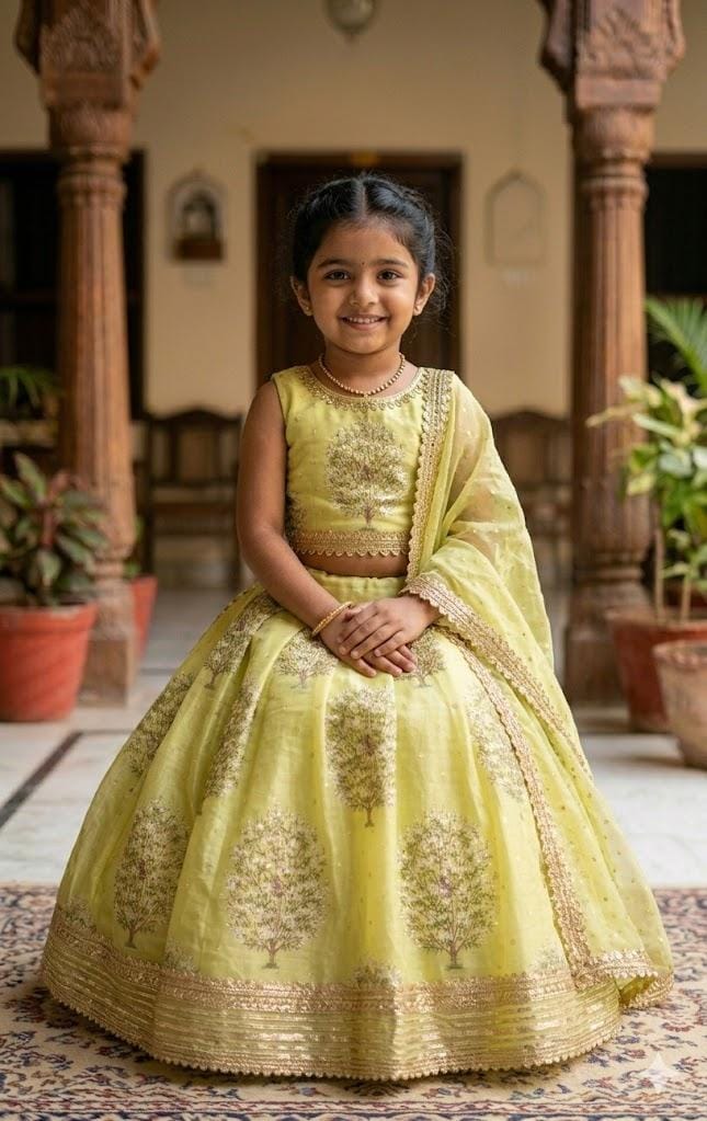 Pastel Green Floral Lehenga Choli Set for Girls with Dupatta