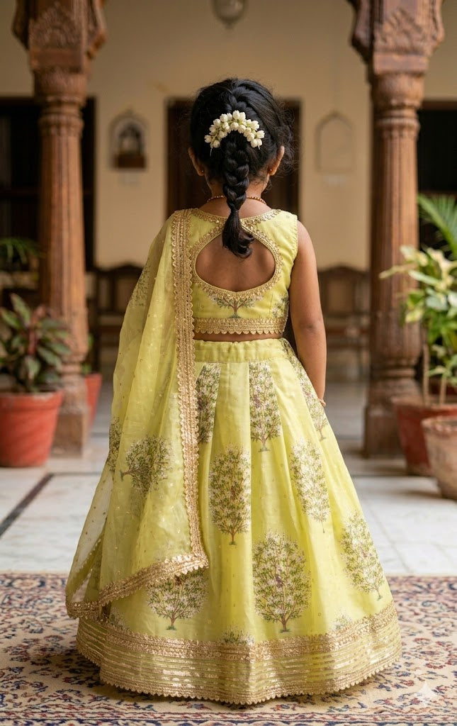 Pastel Green Floral Lehenga Choli Set for Girls with Dupatta