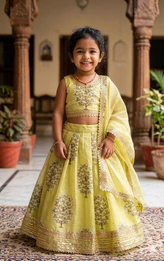 Pastel Green Floral Lehenga Choli Set for Girls with Dupatta