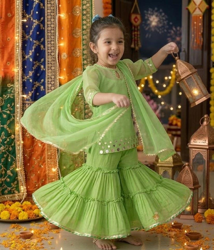 Girls Elegant Lime Green Kurti Sharara Set
