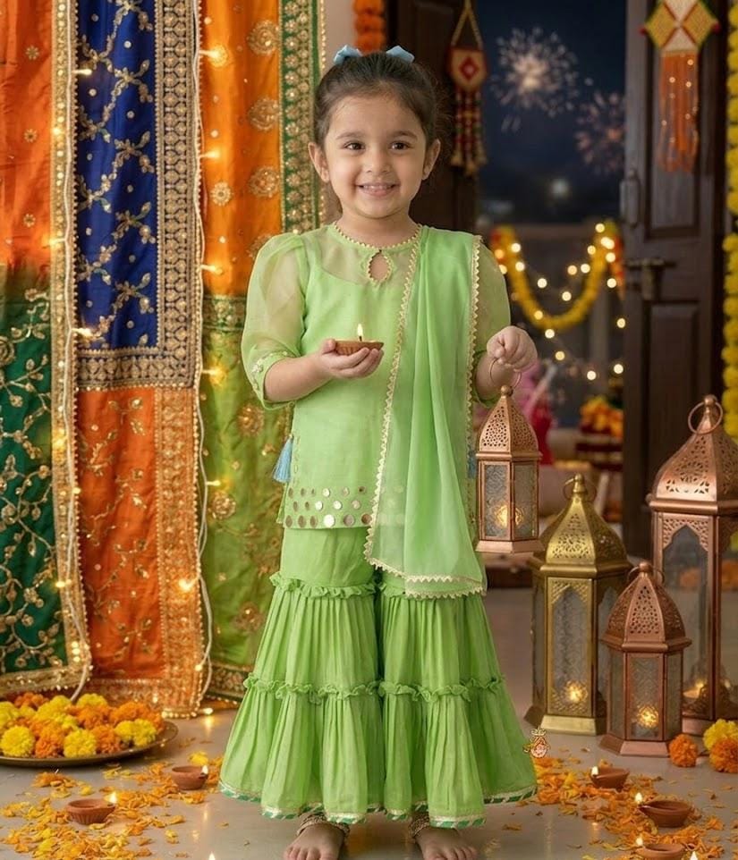 Girls Elegant Lime Green Kurti Sharara Set