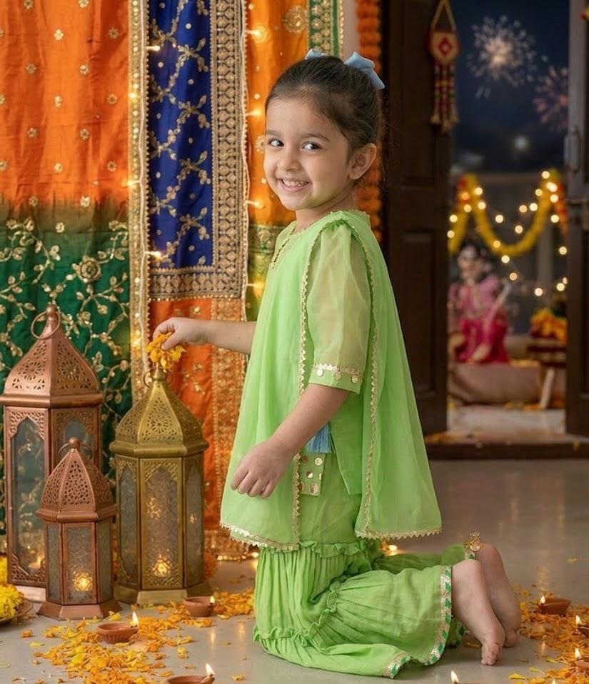 Girls Elegant Lime Green Kurti Sharara Set