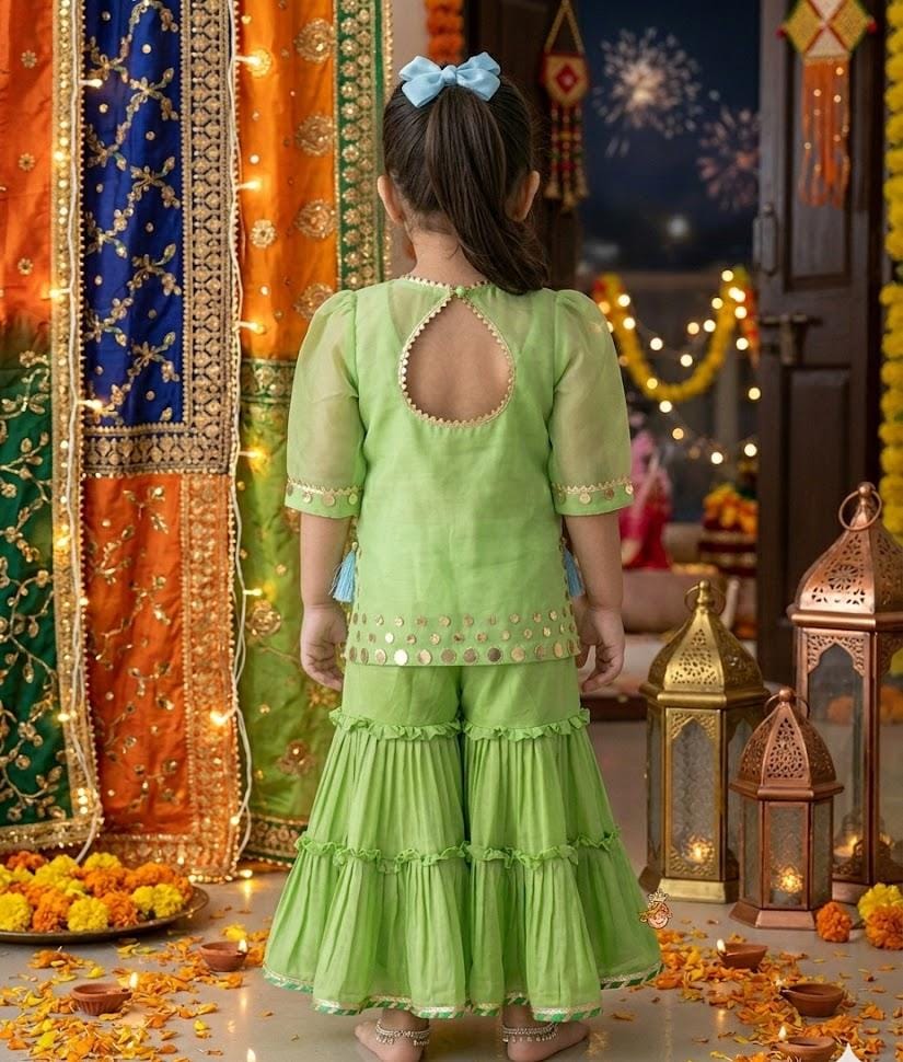 Girls Elegant Lime Green Kurti Sharara Set