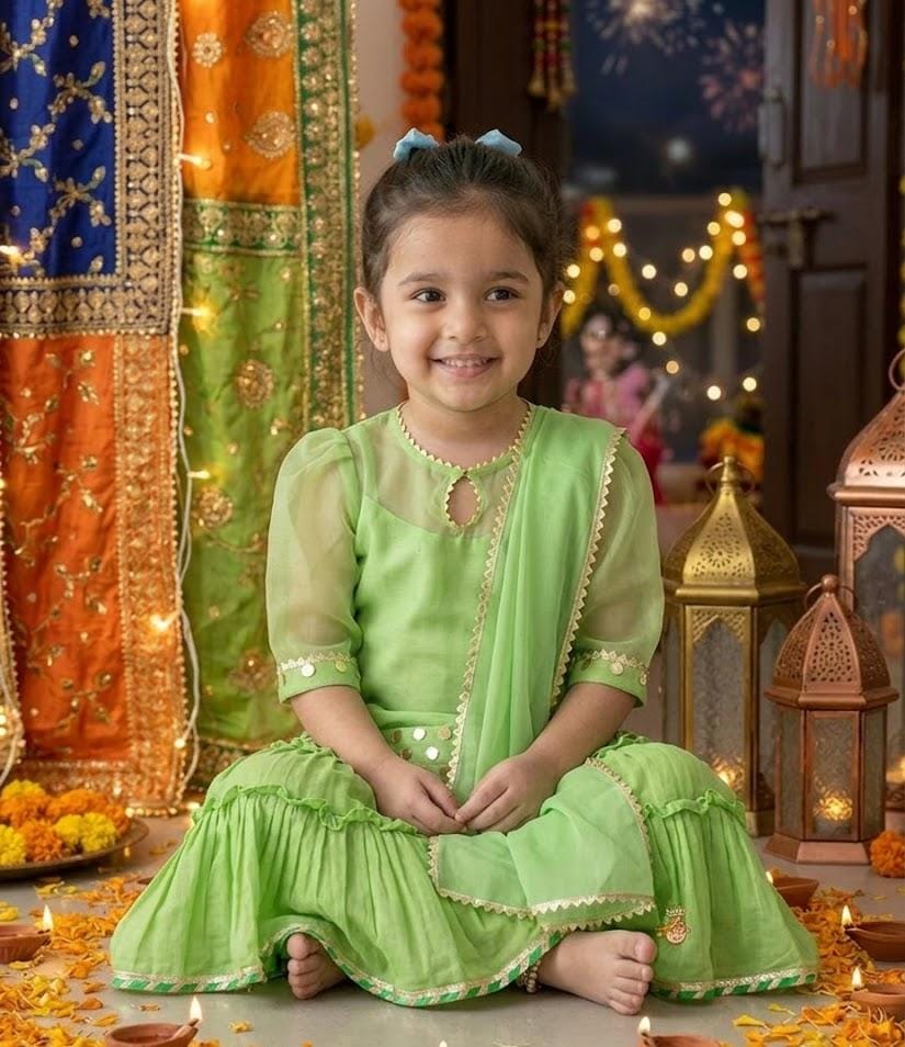 Girls Elegant Lime Green Kurti Sharara Set