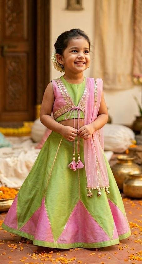 Pastel Green & Pink Paneled Lehenga Choli for Girls