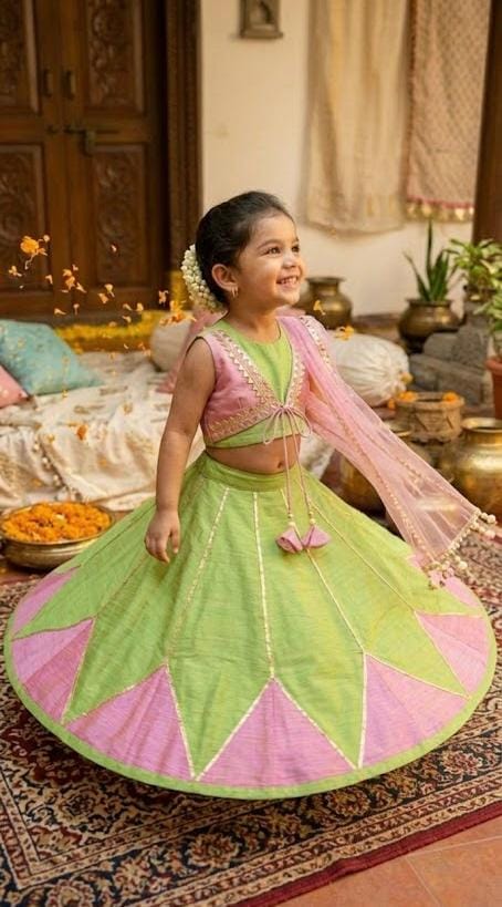 Pastel Green & Pink Paneled Lehenga Choli for Girls