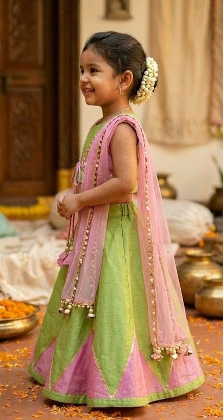 Pastel Green & Pink Paneled Lehenga Choli for Girls