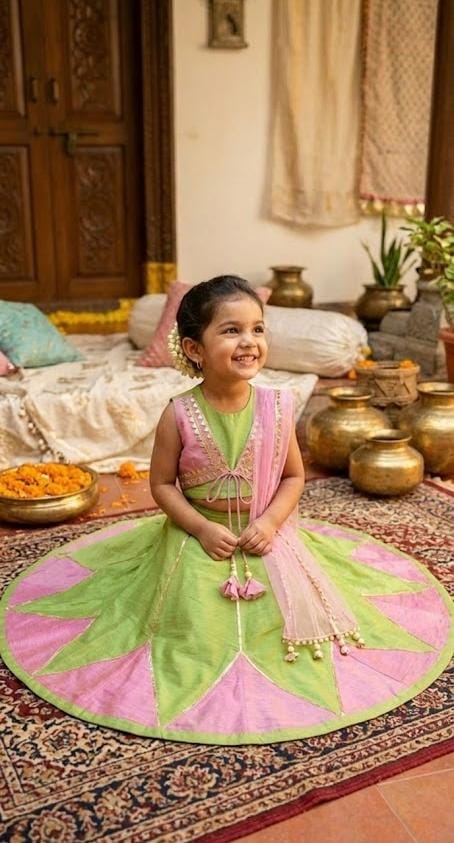 Pastel Green & Pink Paneled Lehenga Choli for Girls