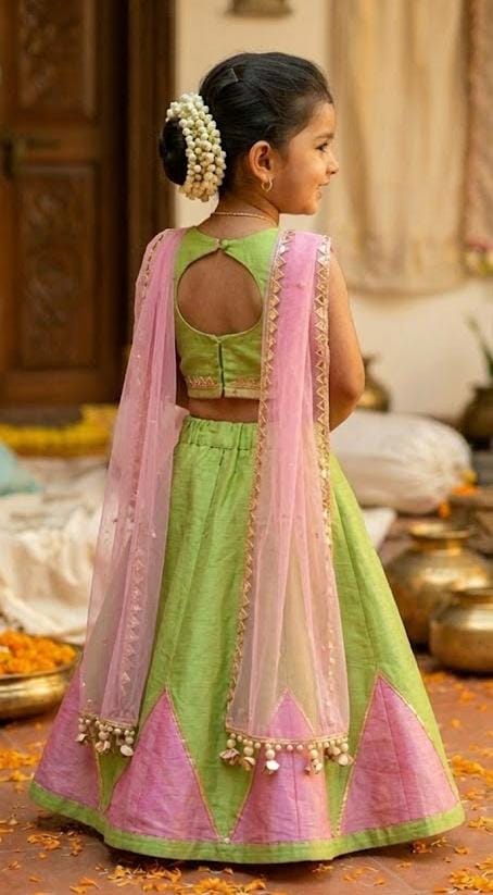 Pastel Green & Pink Paneled Lehenga Choli for Girls