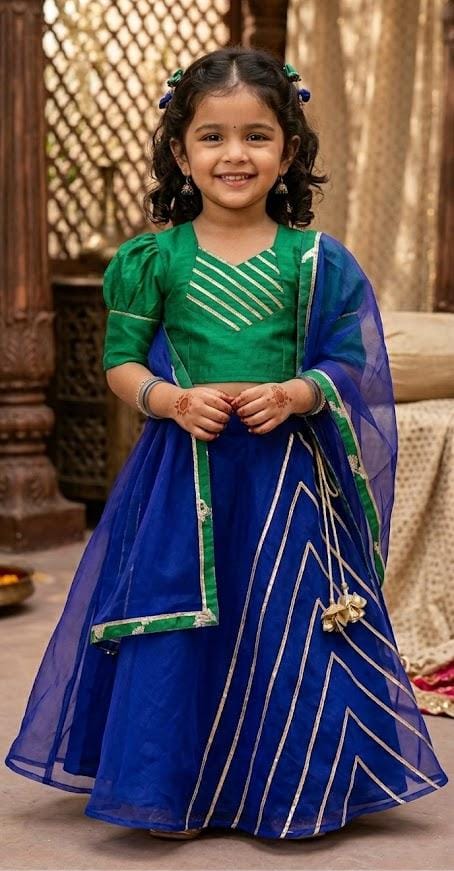 Royal Blue & Emerald Green Gota Patti Girls' Lehenga Set