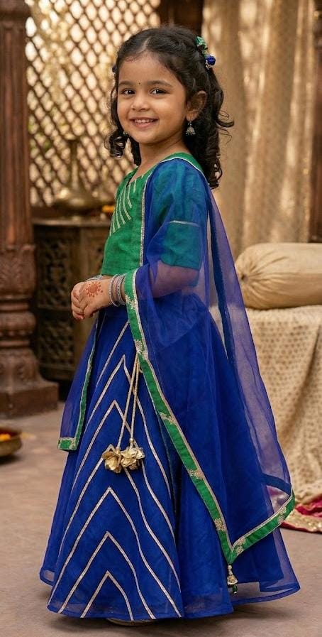 Royal Blue & Emerald Green Gota Patti Girls' Lehenga Set