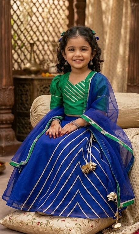 Royal Blue & Emerald Green Gota Patti Girls' Lehenga Set