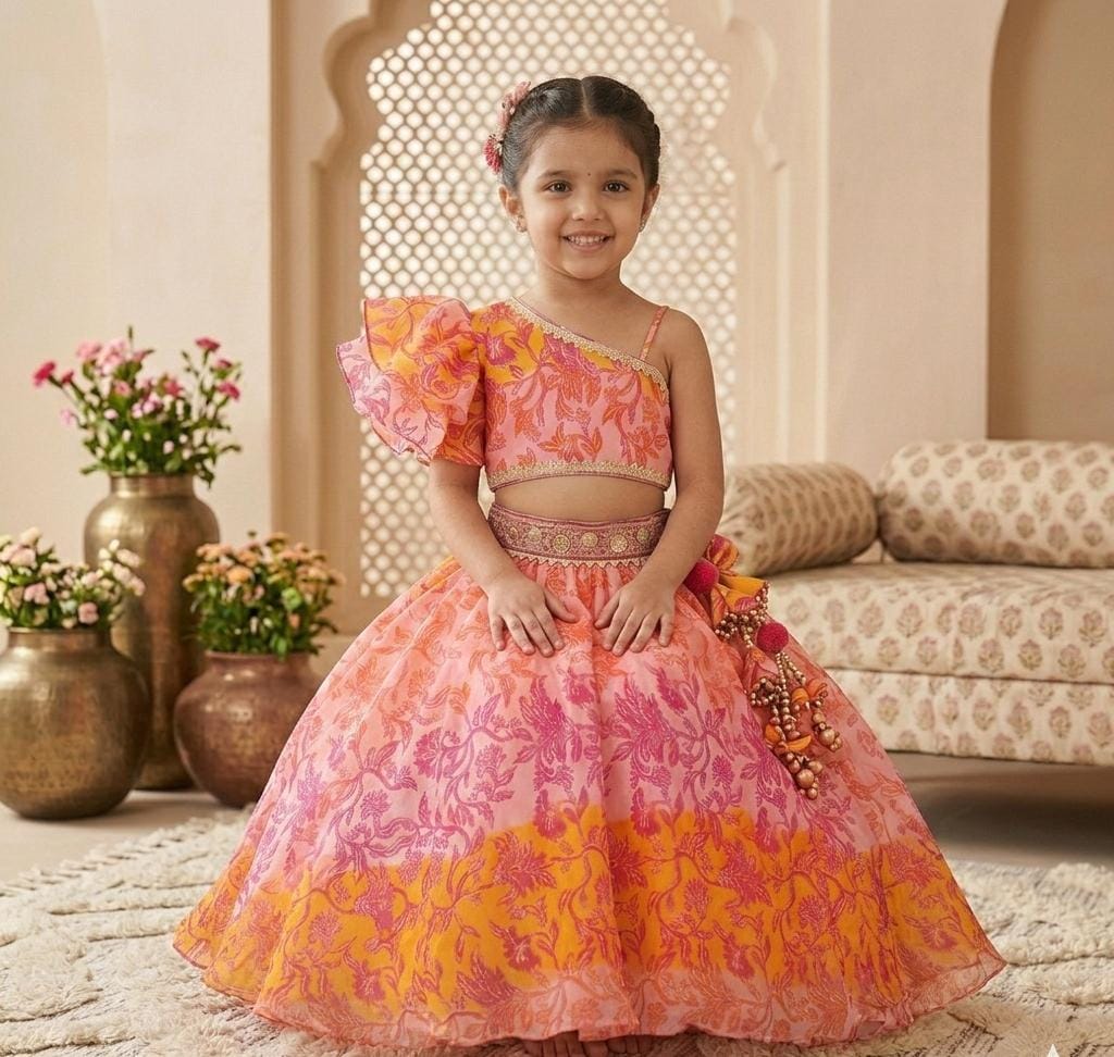 Girls' Asymmetrical Ruffle Sleeve Floral Co-ord Set with Handcrafted Tassels