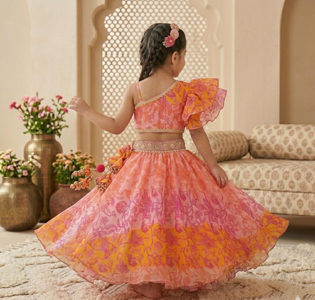 Girls' Asymmetrical Ruffle Sleeve Floral Co-ord Set with Handcrafted Tassels