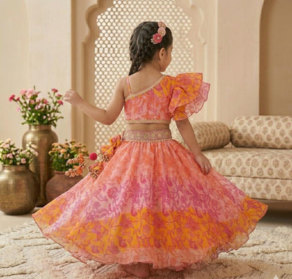 Girls' Asymmetrical Ruffle Sleeve Floral Co-ord Set with Handcrafted Tassels