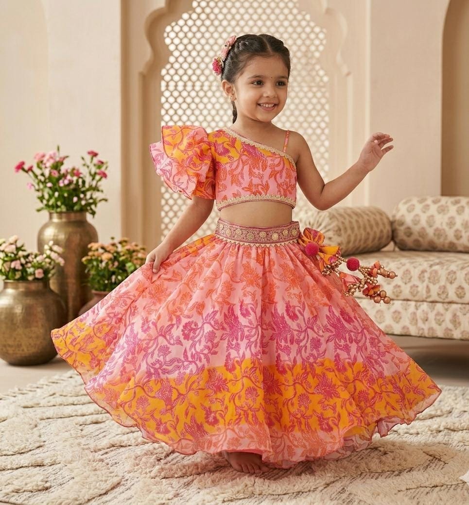 Girls' Asymmetrical Ruffle Sleeve Floral Co-ord Set with Handcrafted Tassels
