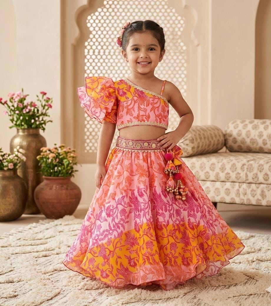Girls' Asymmetrical Ruffle Sleeve Floral Co-ord Set with Handcrafted Tassels