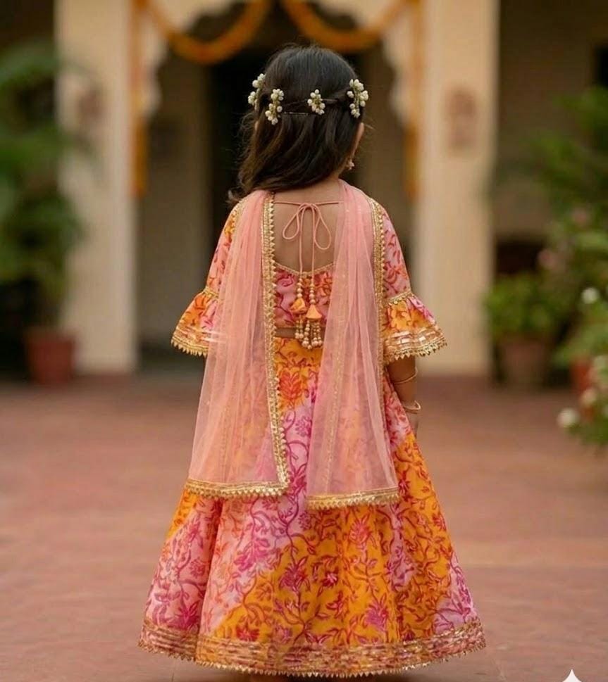 Floral Print Angrakha-style wrap, the bell sleeves with Sheer Dupatta