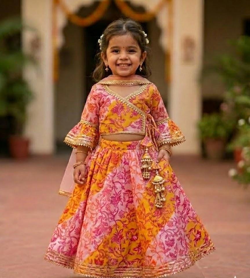 Floral Print Angrakha-style wrap, the bell sleeves with Sheer Dupatta