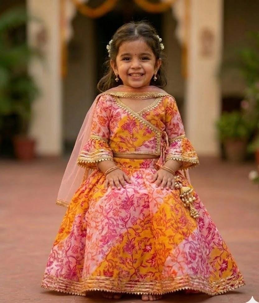 Floral Print Angrakha-style wrap, the bell sleeves with Sheer Dupatta