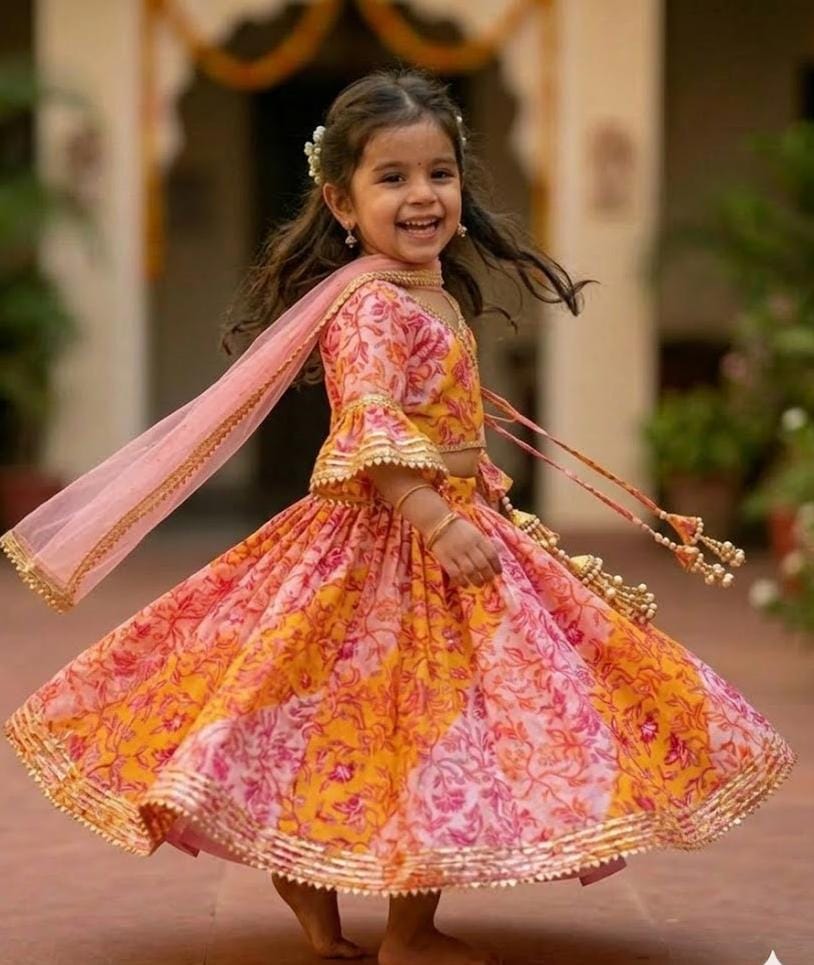 Floral Print Angrakha-style wrap, the bell sleeves with Sheer Dupatta