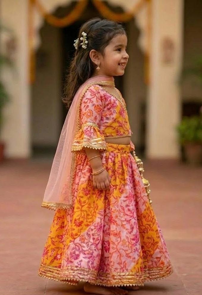 Floral Print Angrakha-style wrap, the bell sleeves with Sheer Dupatta