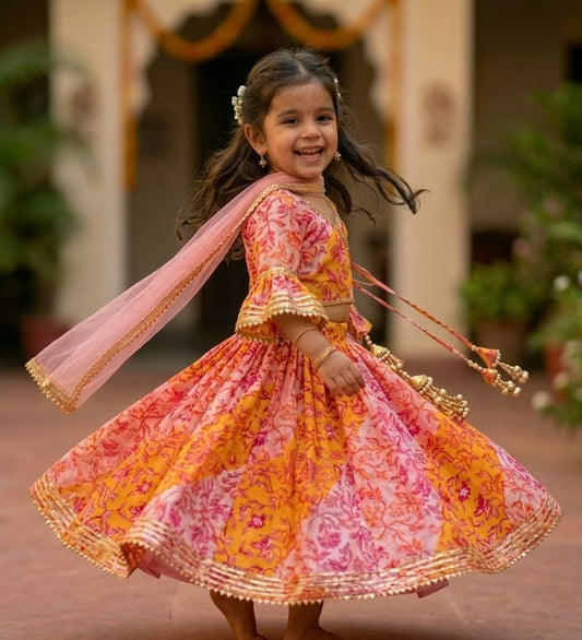 Floral Print Angrakha-style wrap, the bell sleeves with Sheer Dupatta