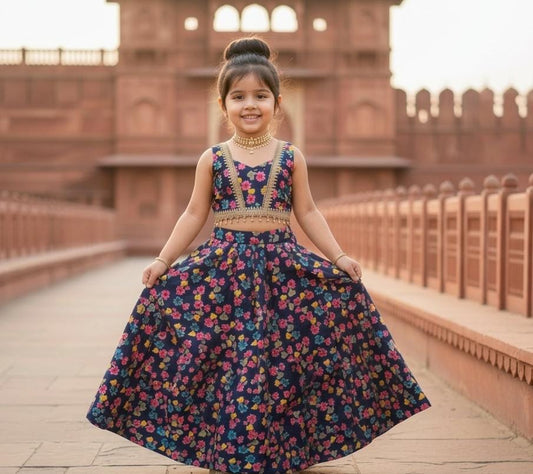 Fusion & Trendy Contemporary Navy Floral 2-Piece Lehenga