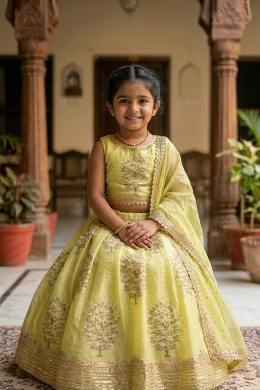 Pastel Green Floral Lehenga Choli Set for Girls with Dupatta