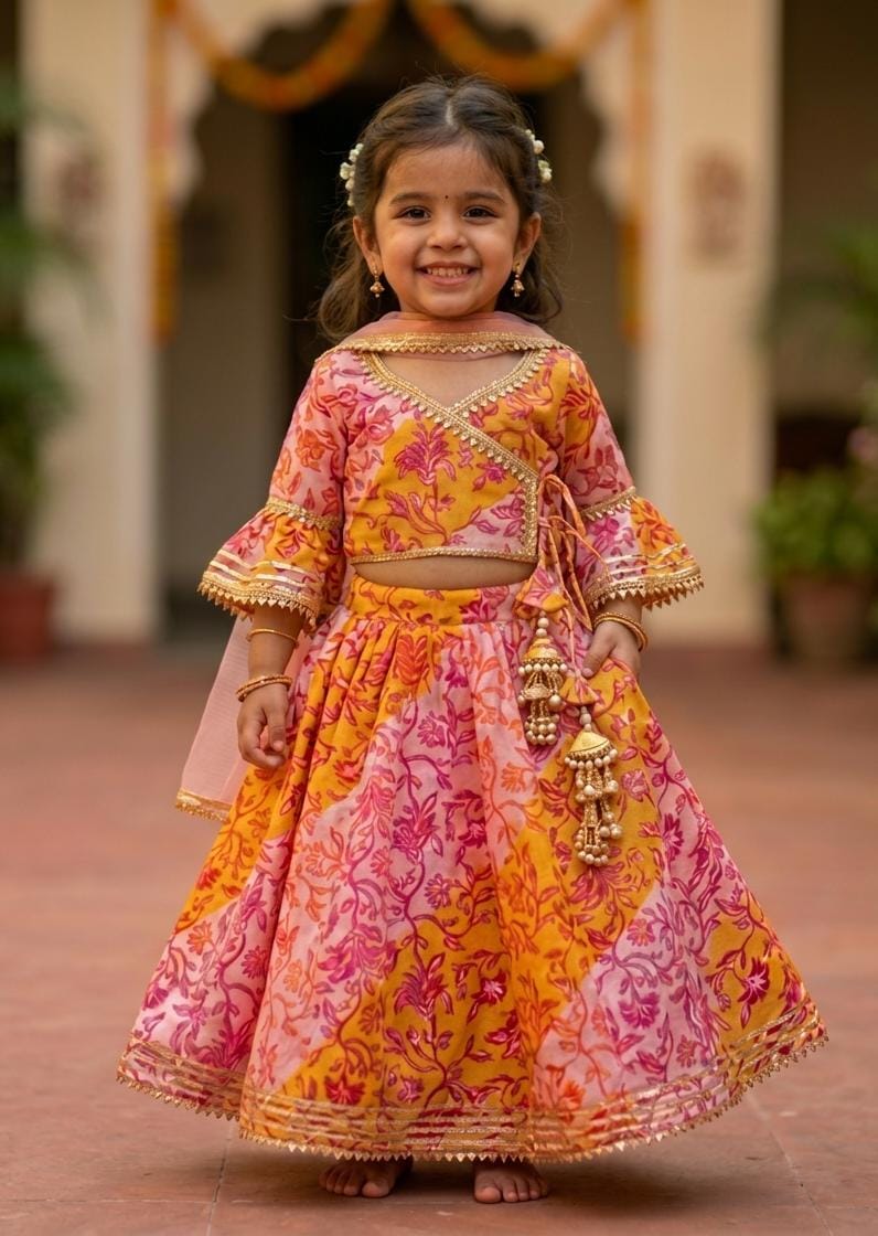 Floral Print Angrakha-style wrap, the bell sleeves with Sheer Dupatta