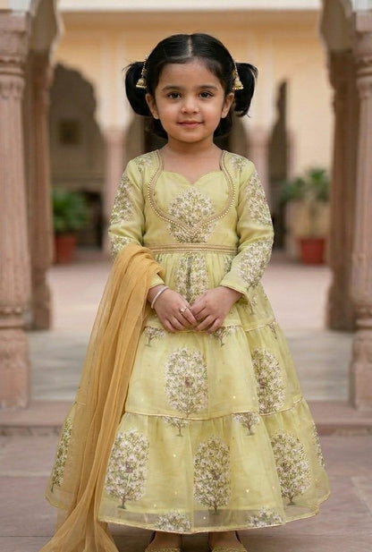 Elegant Pistachio Green Embroidered Anarkali Dress with Dupatta for Girls