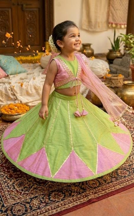 Pastel Green & Pink Paneled Lehenga Choli for Girls